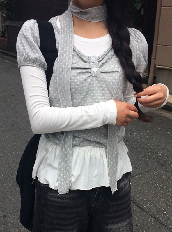 [3-piece Scarf set] ビューレン ドット レイヤード ボタン シャーリング ロングスリーブ Tシャツ