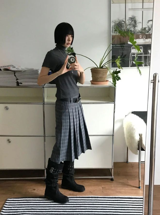(WOOL) CHECK PLEATS MIDI SKIRT