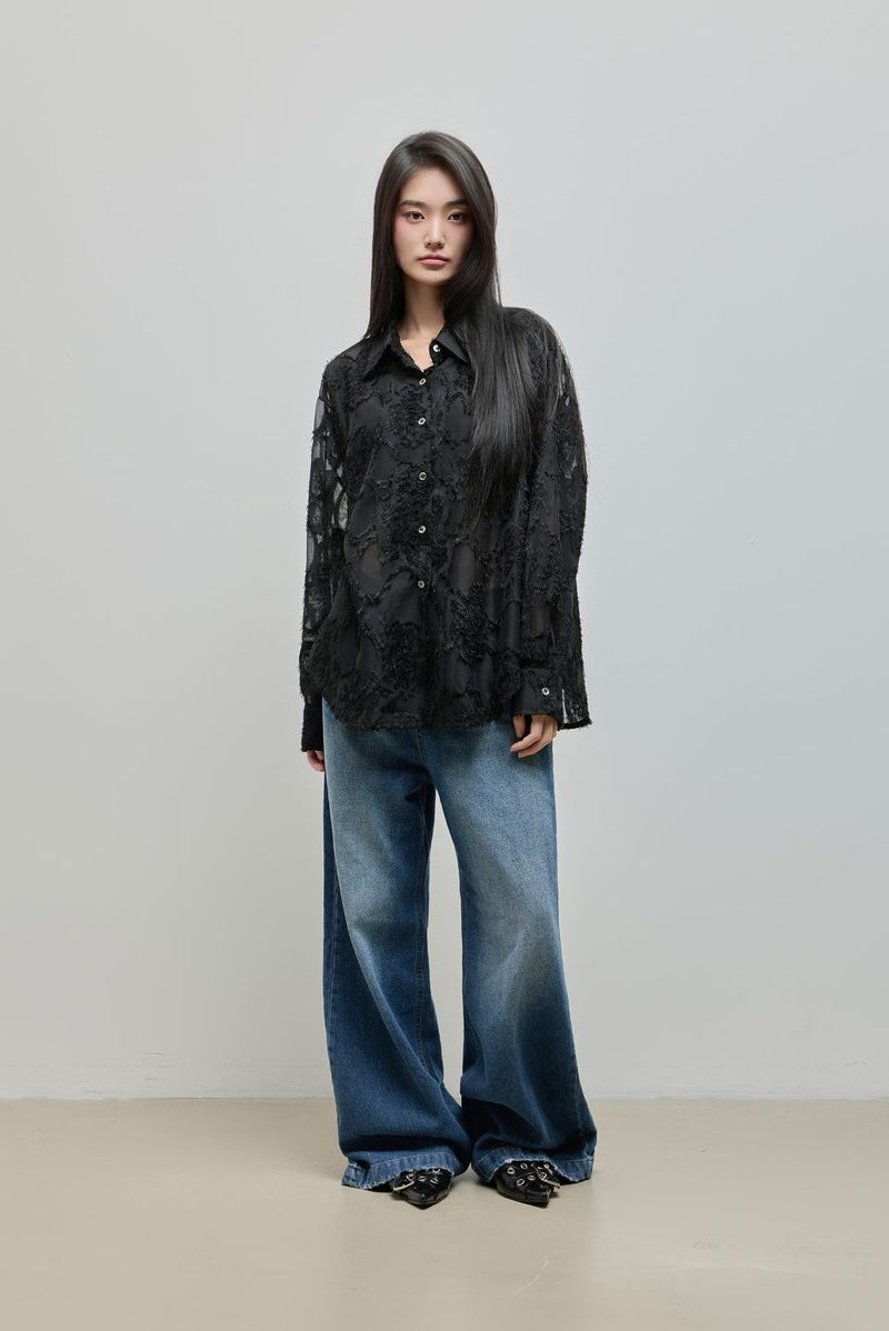 Feather Lace Overfit Shirt_Black