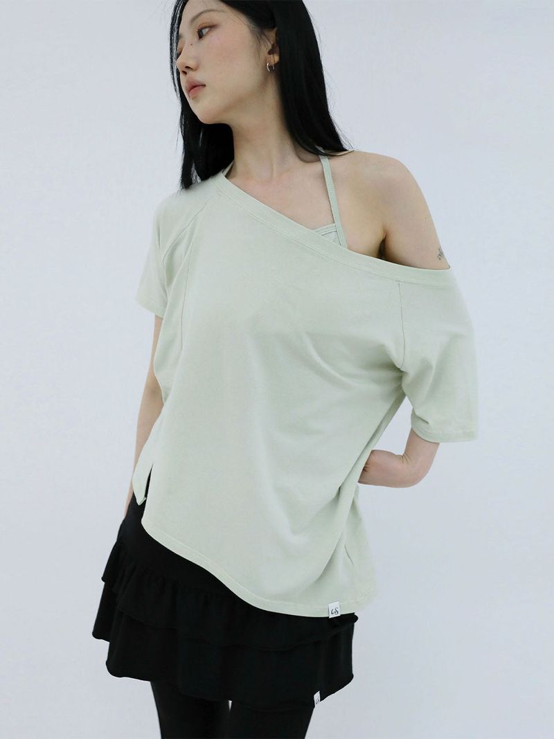 UNBALANCE BUTTON SHOULDER TOP(GREEN)