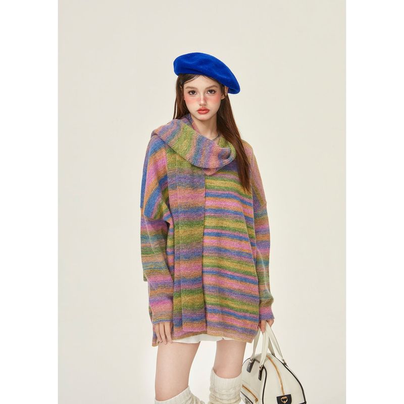 [Girly Fancy Club] Vintage striped wool-blend knitted slouchy sweater SET