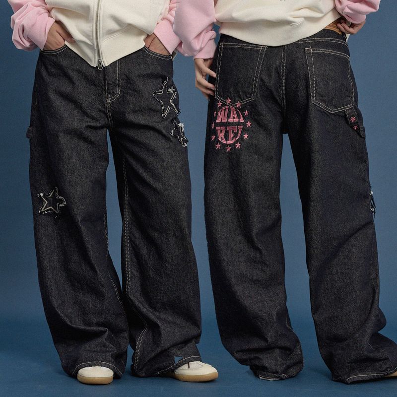 Star Applique Embroidery Denim Pants