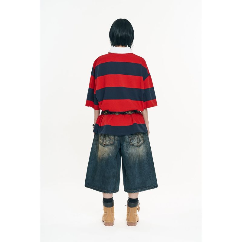 Oil-washed Bermuda denim pants - Deep Blue