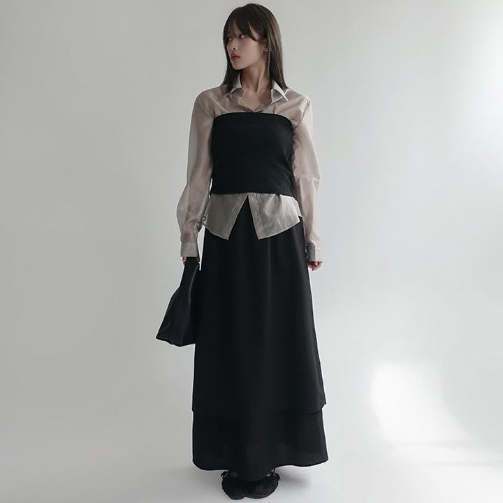 [Lanek] Banding Wrinkle Flare Long Skirt - 3 Colors