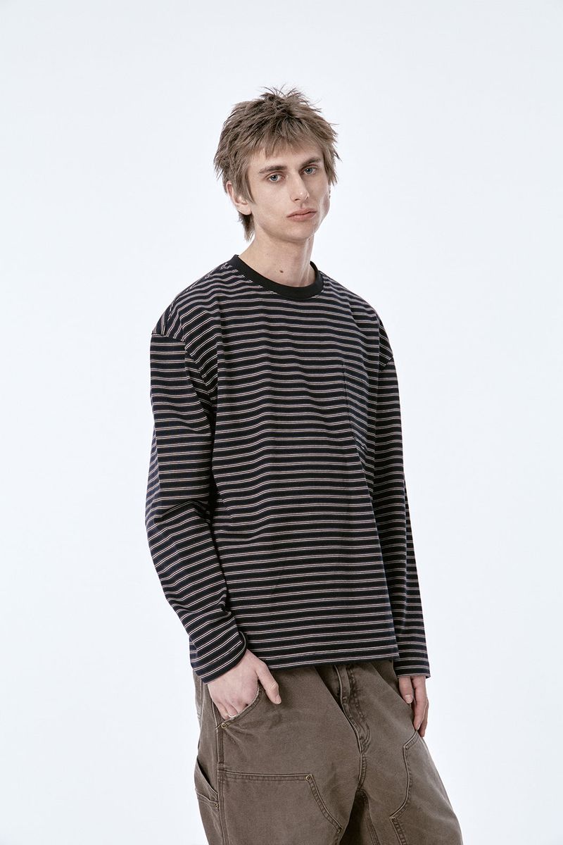ETCE（イーティーシーイー）の「(BASE) STRIPE POCKET LONG SLEEVE (NAVY)（Tops）」