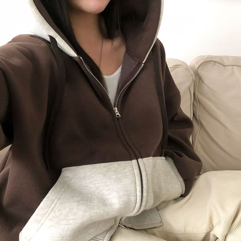 [BELLIDE MADE] two-tone coloring wool boxy hooded zip-up