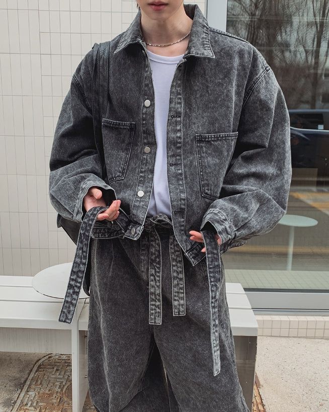 East Belted Denim Jacket Pants Set