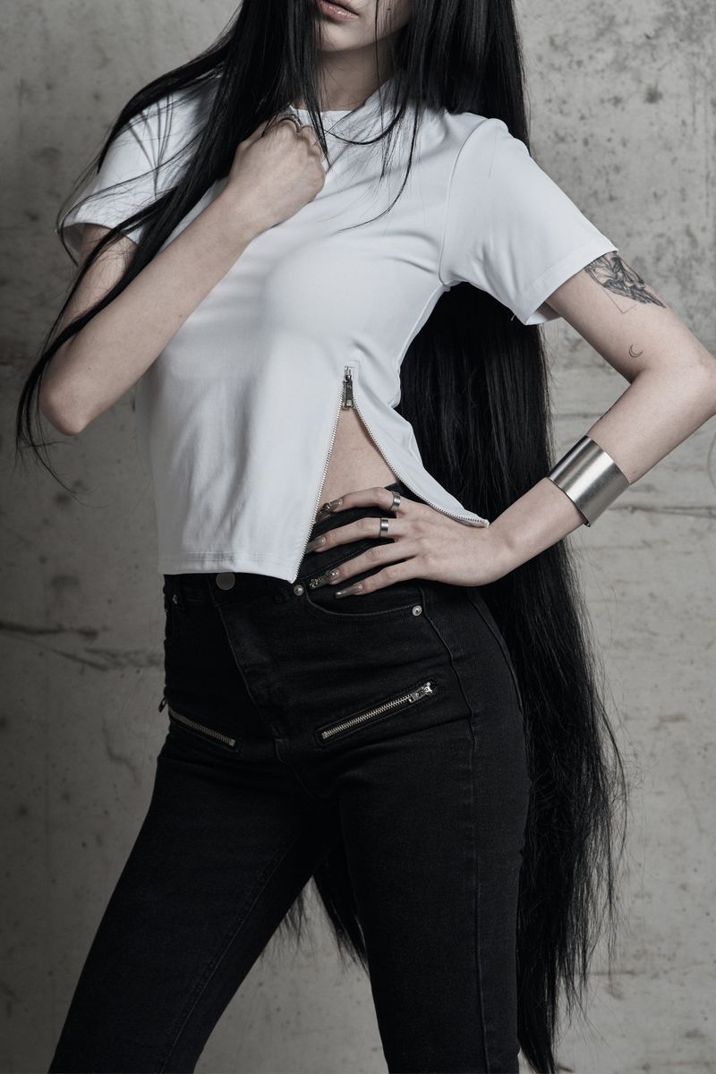 [label] sculptural Jersey zipper top WHITE