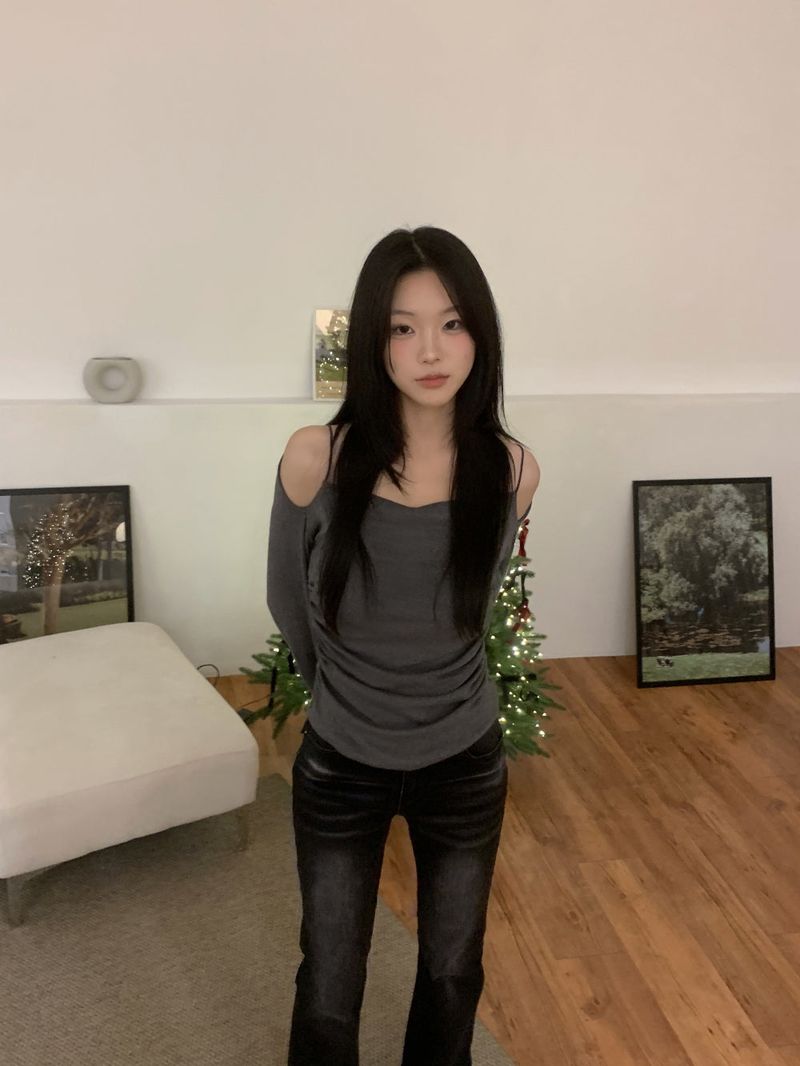 Jenn Muse Off-Shoulder Strap Drape Long Sleeve Top