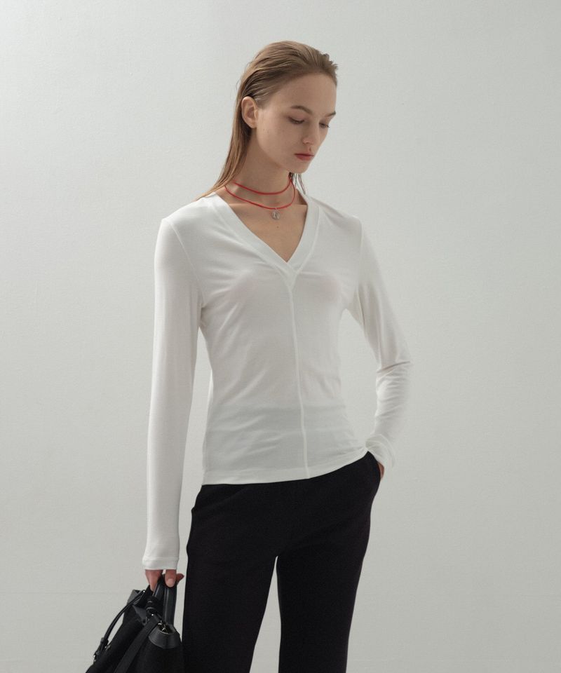 Deep V-neck Panel Top_White