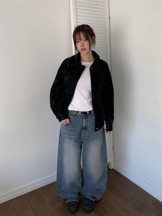 Bowling Hem Snap Wide Washing Denim Pants