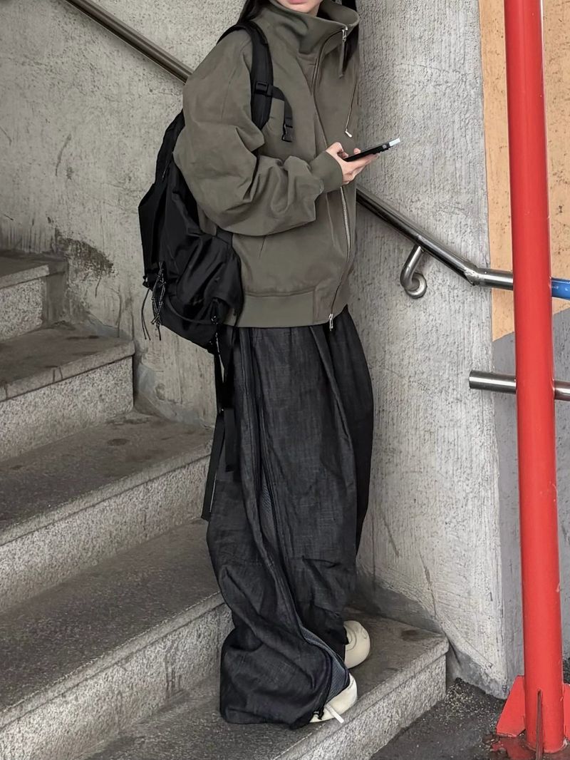denim two-way zipper balloon pants