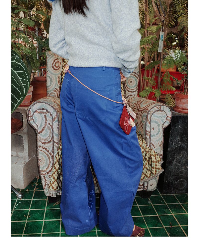 UnsocalNight2025 Original Literary Retro Autumn and Winter プリントブルーストレートマシェパンツ