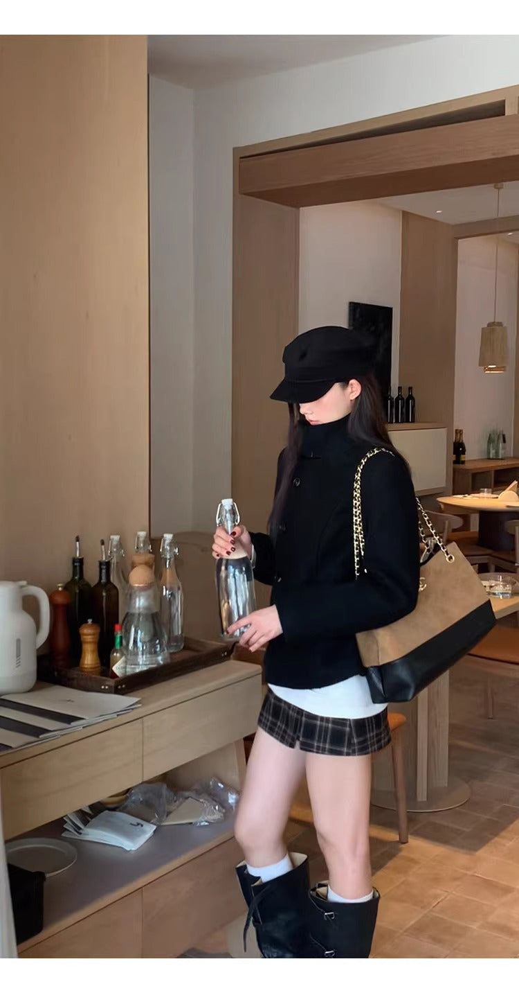 Royal black high-neck wool jacket