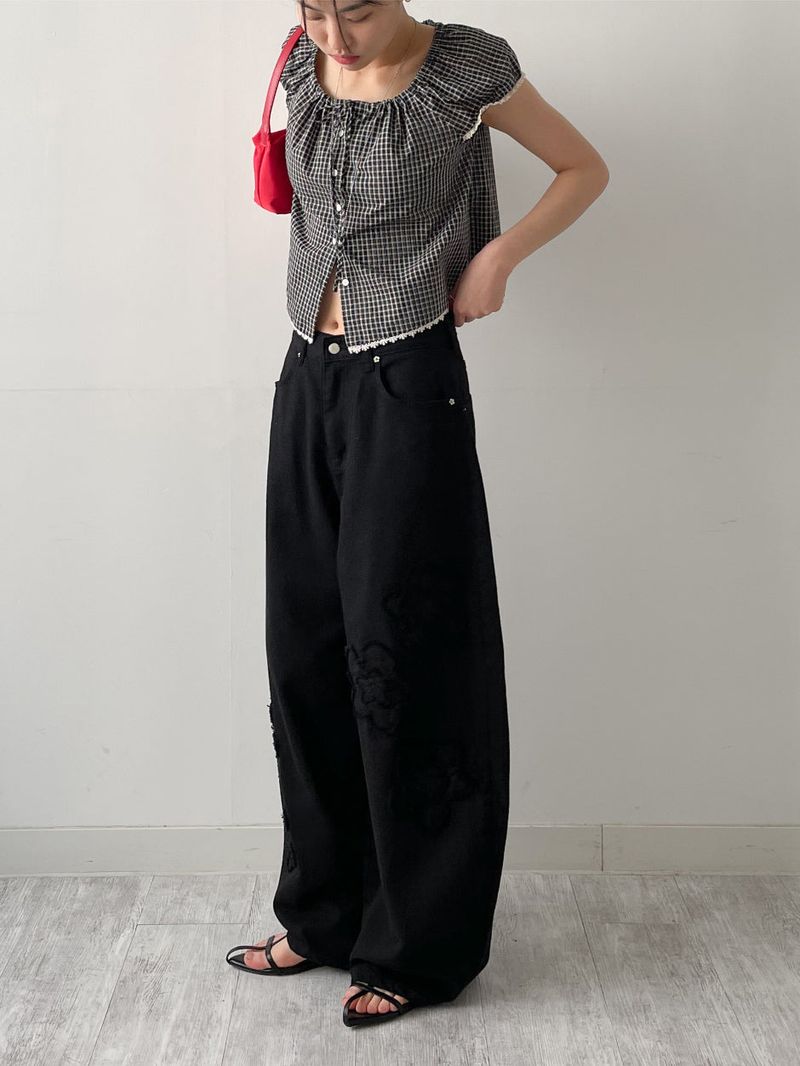 Lace Check Cap Sleeve Blouse