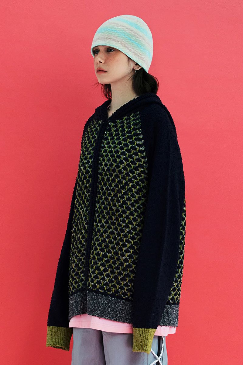 EMBOSSING CLOVER KNIT ZIP-UP HOODIE / NAVY