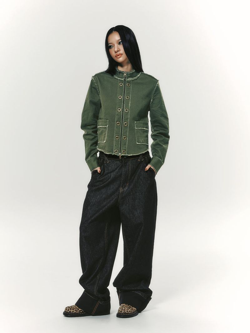LACE ROLL UP DENIM PANTS BLACK