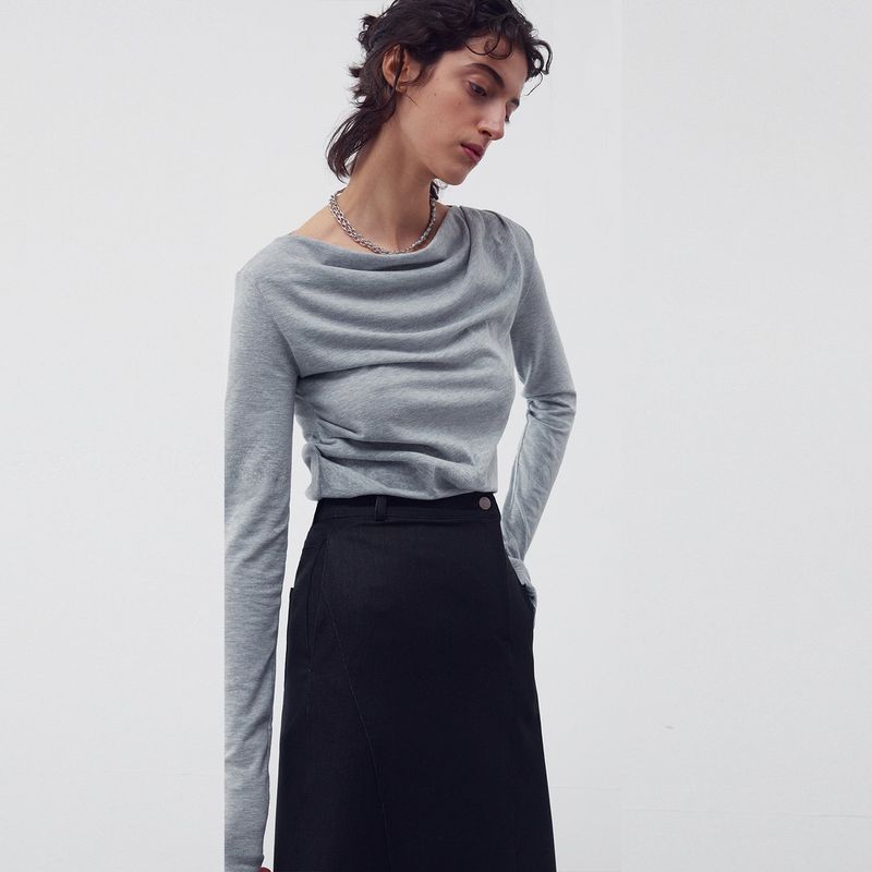 SHIRRING DRAPE LONG SLEEVE TOP MELANGE GRAY