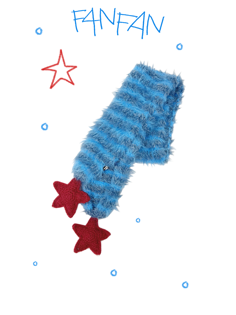Fluffy Striped Scarf with Red Crochet Stars at Both Ends (Winter Sun Red &Glacier Blue)