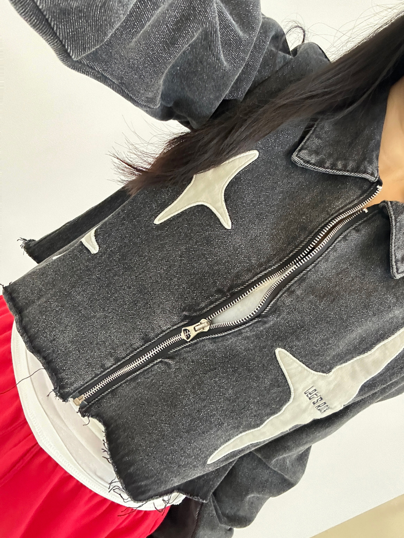 BACK STAR POINT + DAMAGED DARK BLUE DENIM JACKET🖤