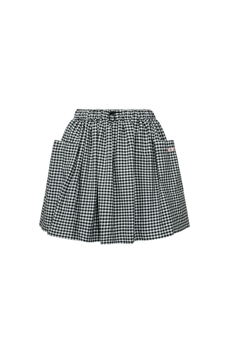 Gingham check pocket shirring mini skirt (BLACK)