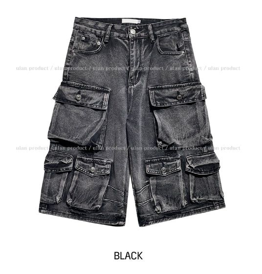 Super Pocket Cargo Half Denim Pants
