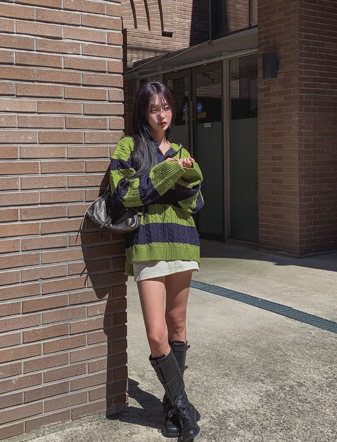 Stripe cable hood warmer knitwear