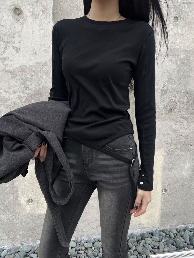 Eyelet buckle bottom hem strap long sleeve tee (3 colors)