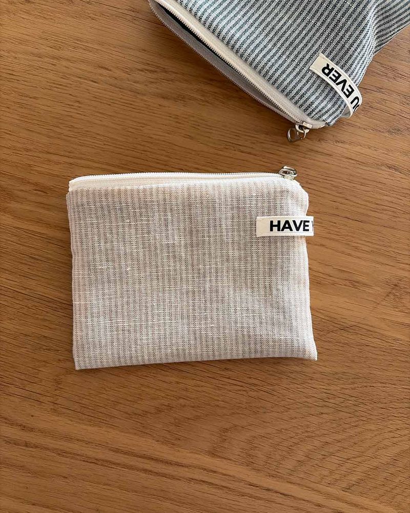 Linen stripe flat pouch - beige , S size