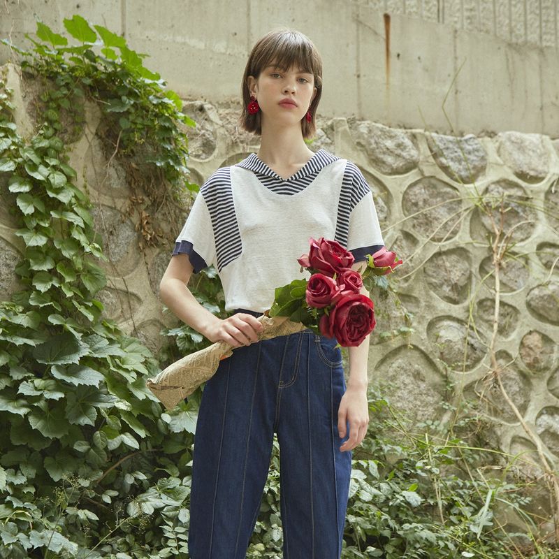 [LINE] Stripe Sailor Collar T-shirt