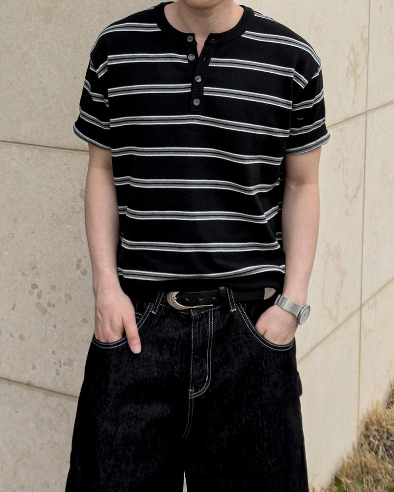 Diron Striped Henley Knit