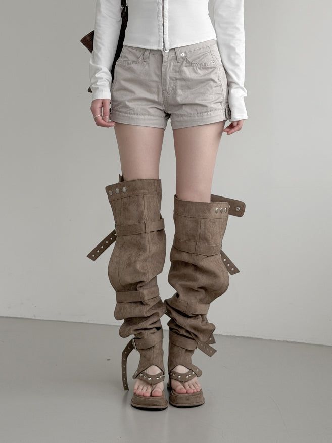 1203 Multiway Buckle Thigh-High Flip-flop Boots