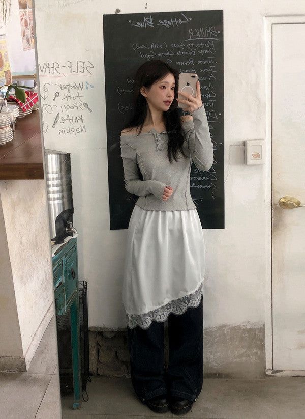 Off Shoulder Half Button Slim T-shirt (3color)