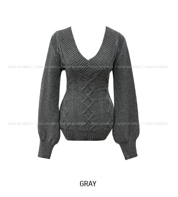 Div Long Slim Cable V-neck Knit