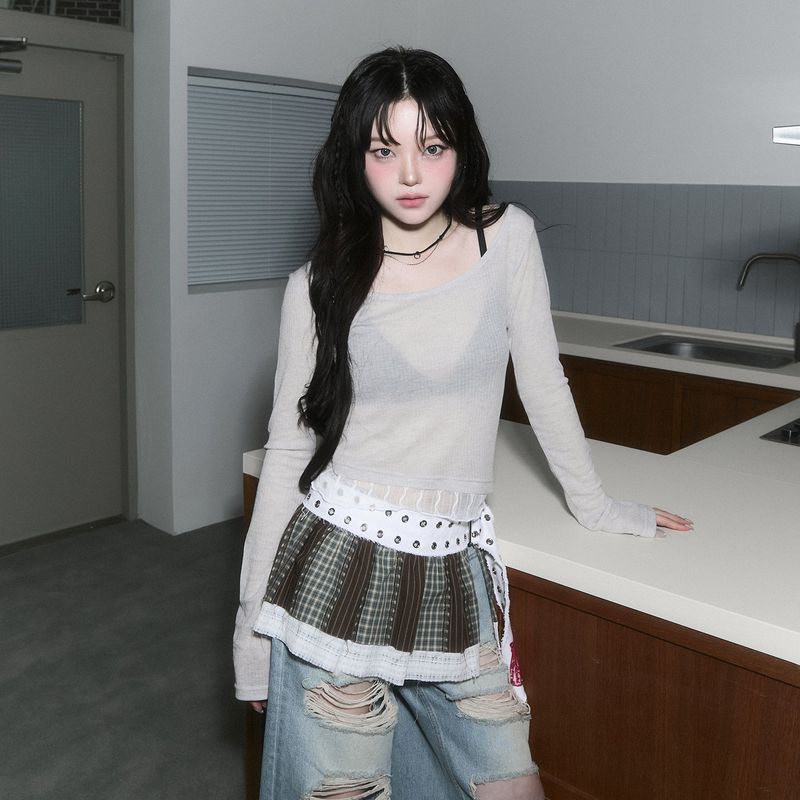 CHERRYQUIRI（チェリーキュリー）の「sheer layered unbal sleeve - grey（Tops）」