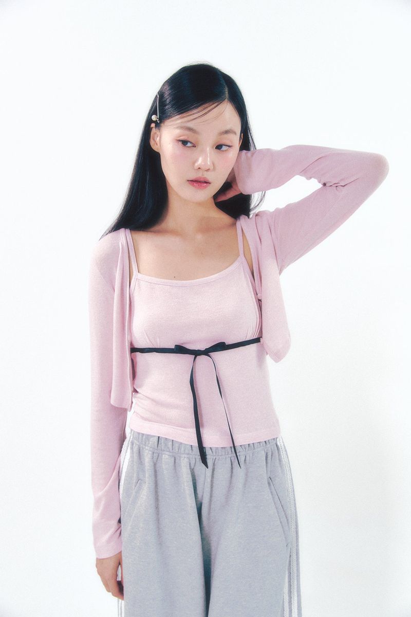 Knit Ribbon Shirring Top Set Pink