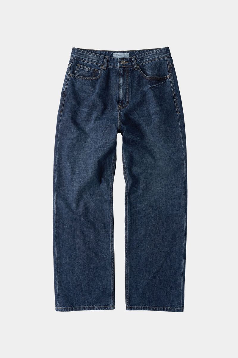 Loose Straight Biker Denim Pants (Washed Navy)