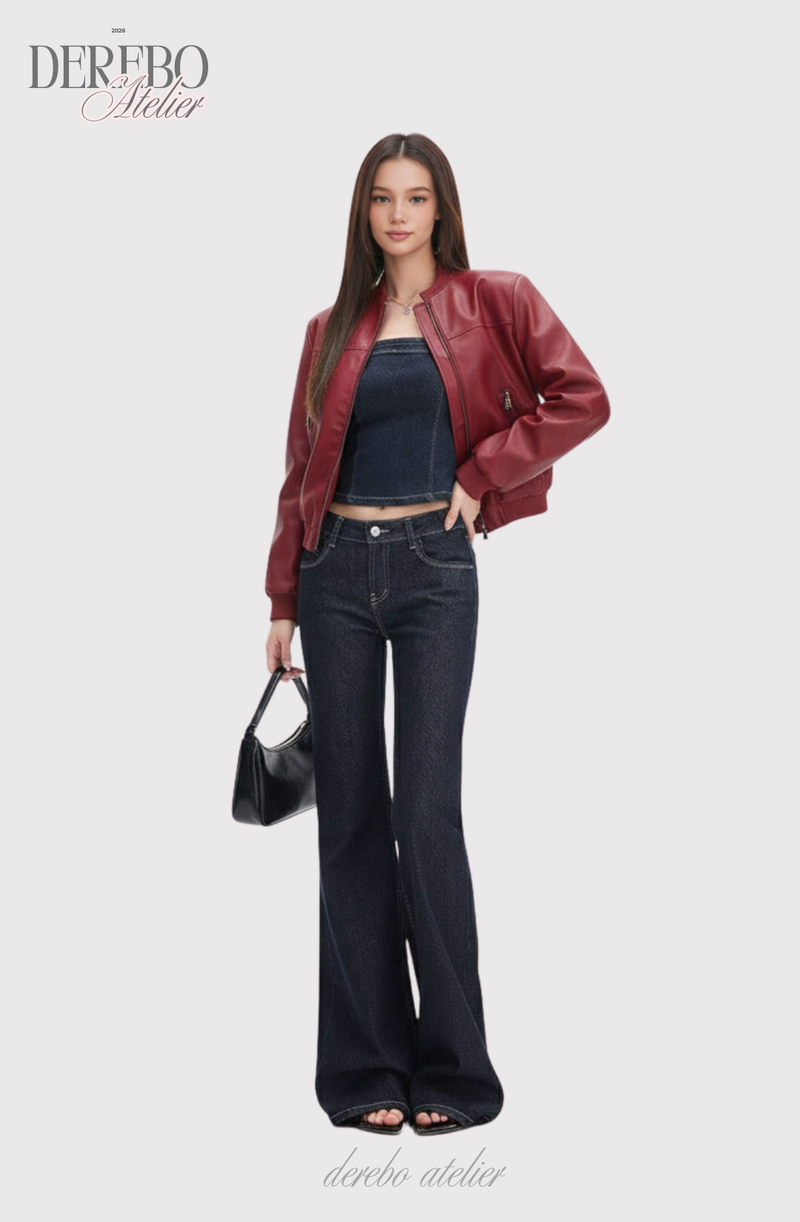 Deep green paper flared long denim pants