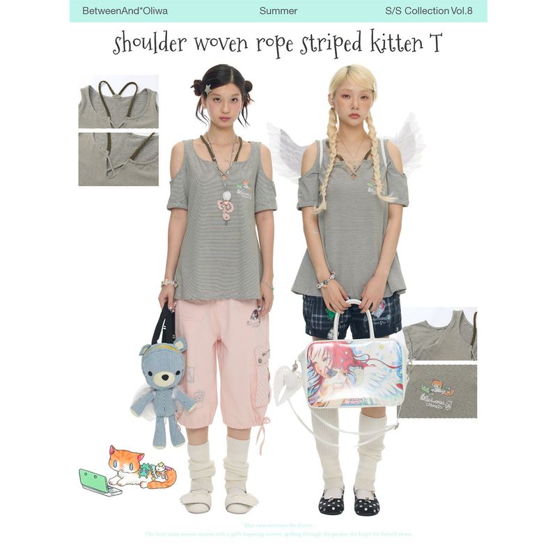 BETWEENANDxOliwa Summer retro green striped knit rope patterned cat T-shirt, short-sleeved shirt that helps conceal body contours