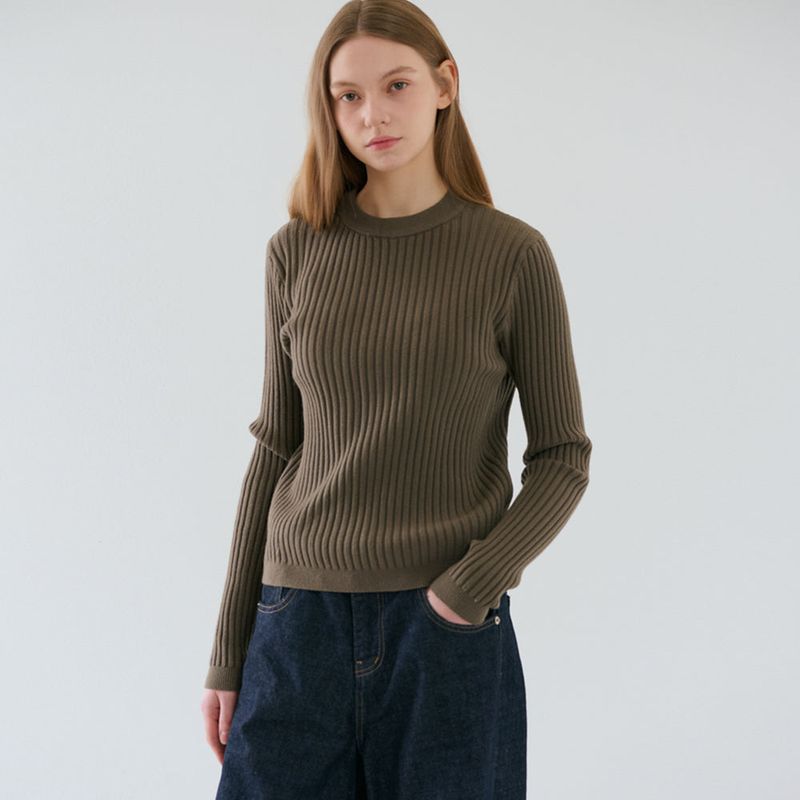Basic Round Neck Rib Knit Khaki