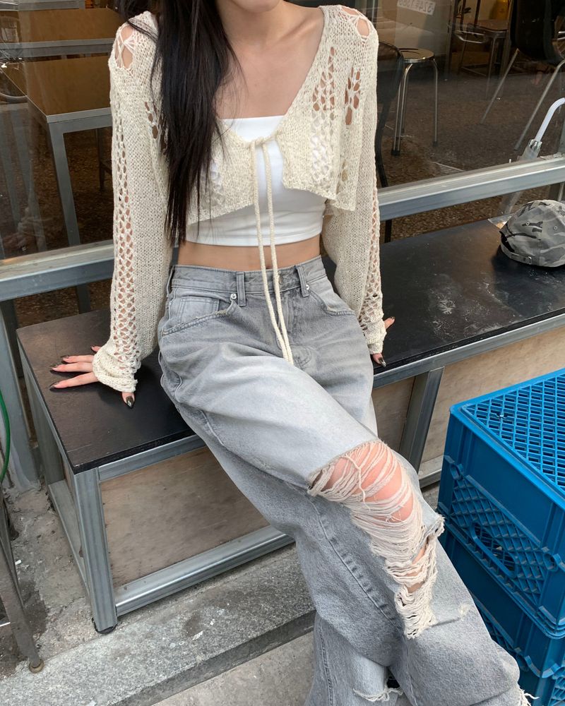 Grey damage wide pants
