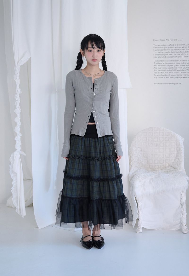 BUTTON RIBBED CARDIGAN ASH GREY
