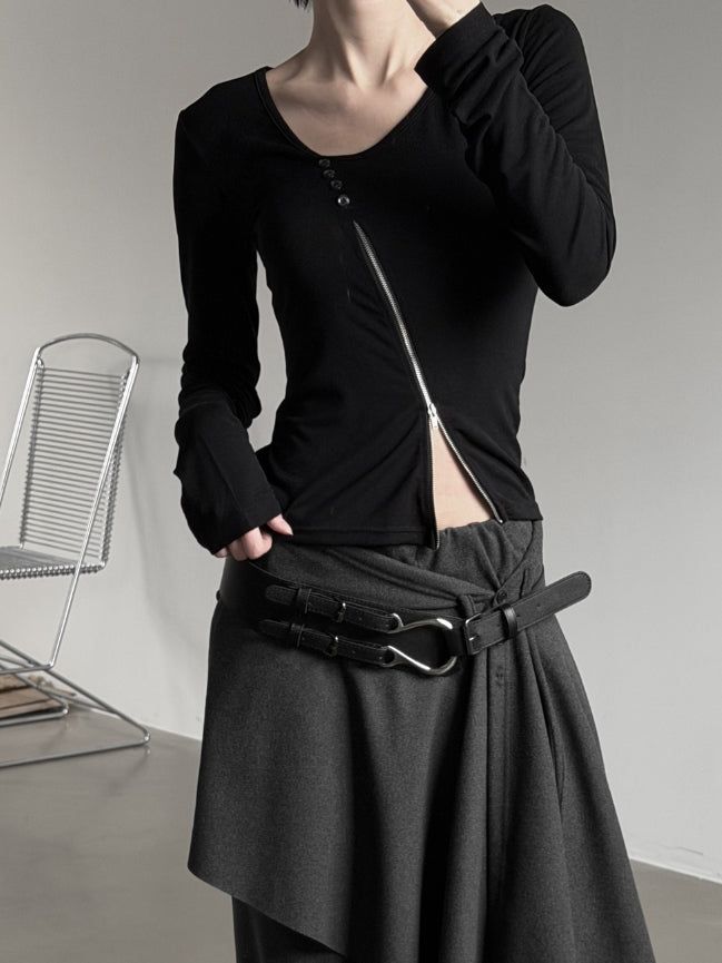 mnem（ムネム）の「Wet Button Slit Zipper Long Sleeve Top（Tops）」