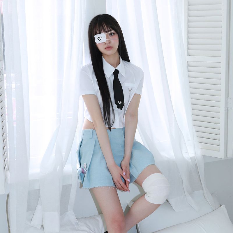 0 1 necktie chain half shirt -WHITE