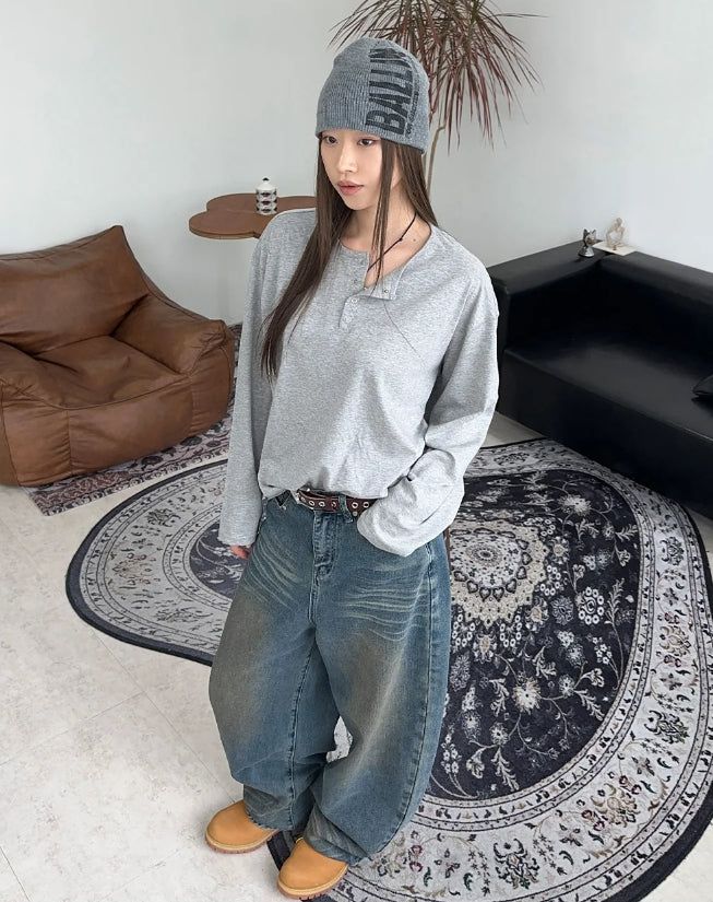 SATIIIZ（サティーズ）の「Kane Henley Neck Cotton Long Sleeve Tee（Tops）」