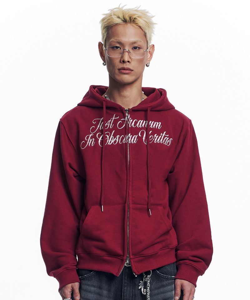 EASY NO EASY(イージーノーイージー)の「Lettering Embroidered Hoodie Zip-Up - Wine(Tops)」