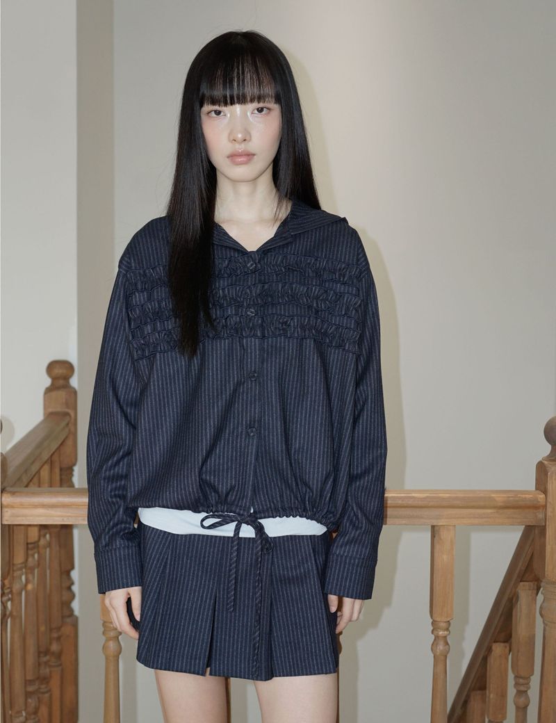STRIPE RUFFLE HOODED SHIRT(NAVY)