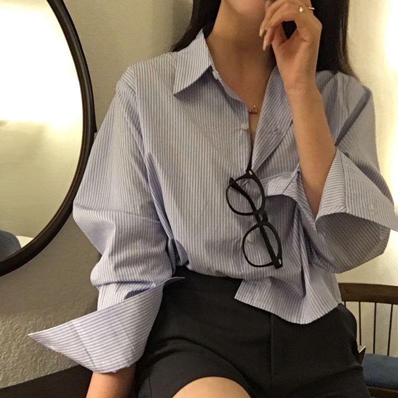[BELLIDE MADE] Ed loose fit stripe cropped shirt