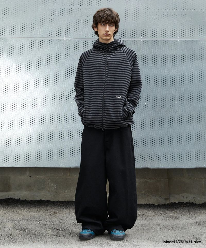 mahagrid（マハグリッド）の「STRIPE HOODED FLEECE ZIP UP_BLACK（Tops）」