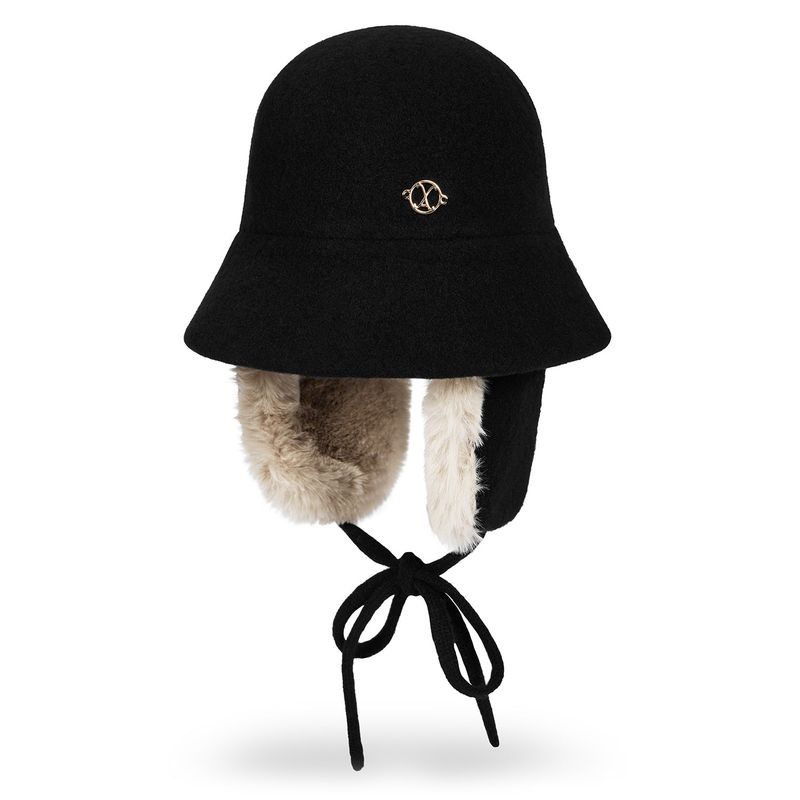 VA Curved Circle Logo Wool Blend Flap Bucket Hat / Black